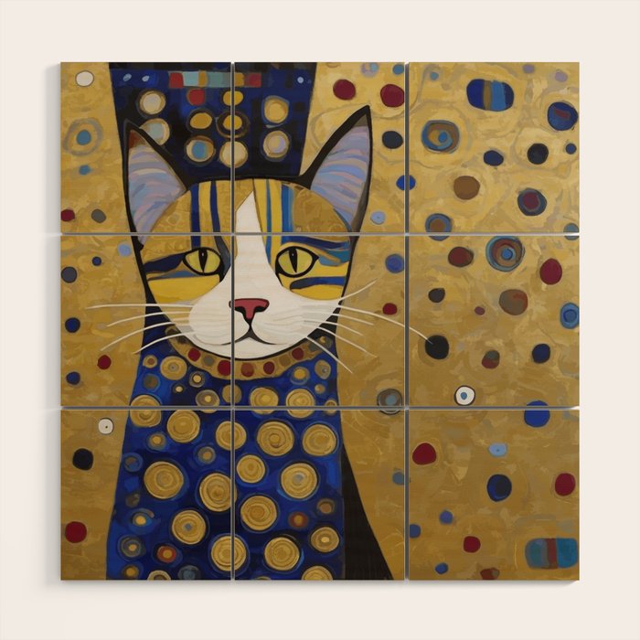 Klimt Cat in Blue and Gold Wood Wall Art Gallery Image 1