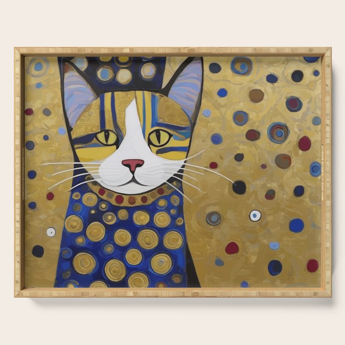 Klimt Cat in Blue and Gold Serving Tray Gallery Image 1