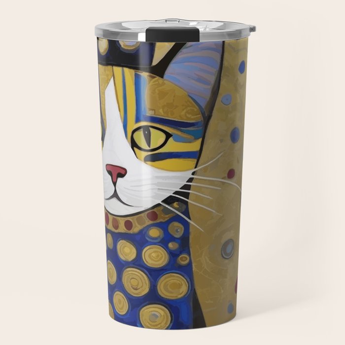 Klimt Cat in Blue and Gold Travel Mug Gallery Image 1