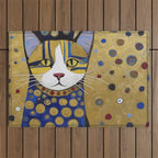 Klimt Cat in Blue and Gold Outdoor Rug Gallery Image 1