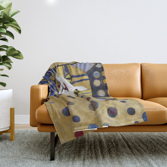 Klimt Cat in Blue and Gold Throw Blanket Gallery Image 1