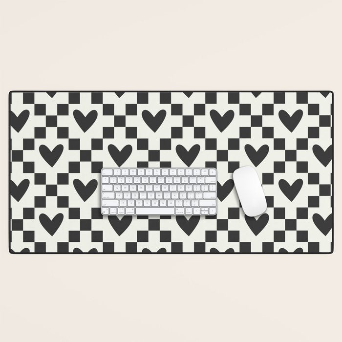 Black and white love heart checkered pattern Desk Mat Gallery Image 1