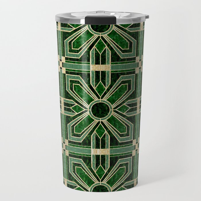 Art Deco Floral Tiles in Emerald Green and Faux Gold Travel Mug Gallery Image 1