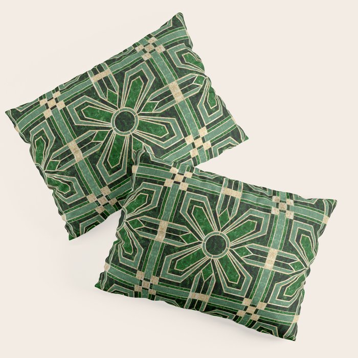 Art Deco Floral Tiles in Emerald Green and Faux Gold Pillow Sham Gallery Image 3