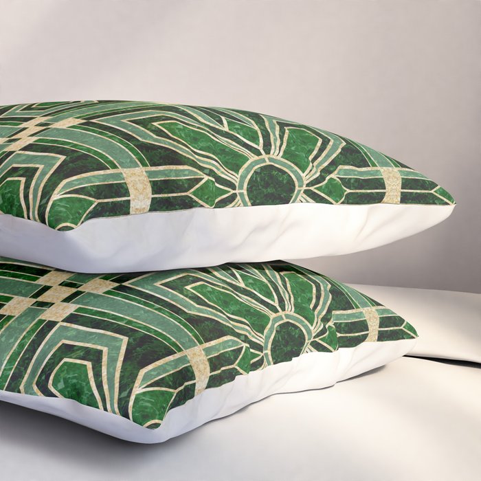 Art Deco Floral Tiles in Emerald Green and Faux Gold Pillow Sham Gallery Image 3
