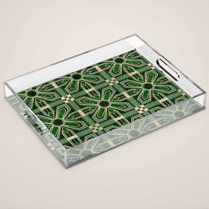 Art Deco Floral Tiles in Emerald Green and Faux Gold Acrylic Tray Gallery Image 1
