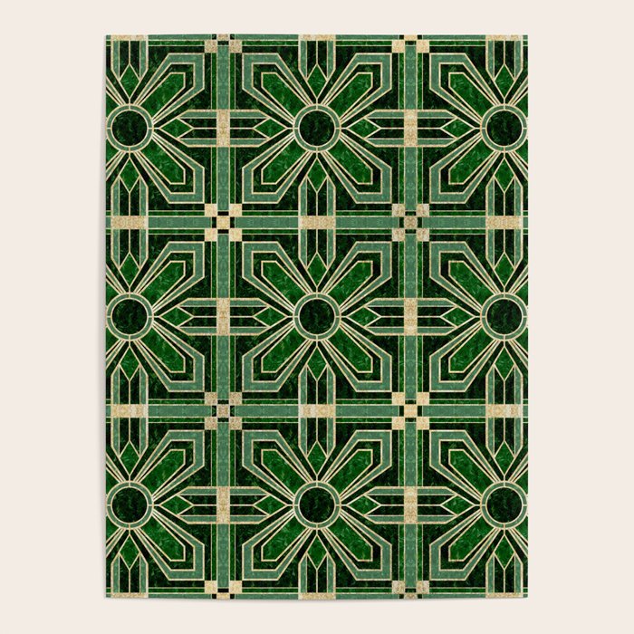 Art Deco Floral Tiles in Emerald Green and Faux Gold Poster Gallery Image 1