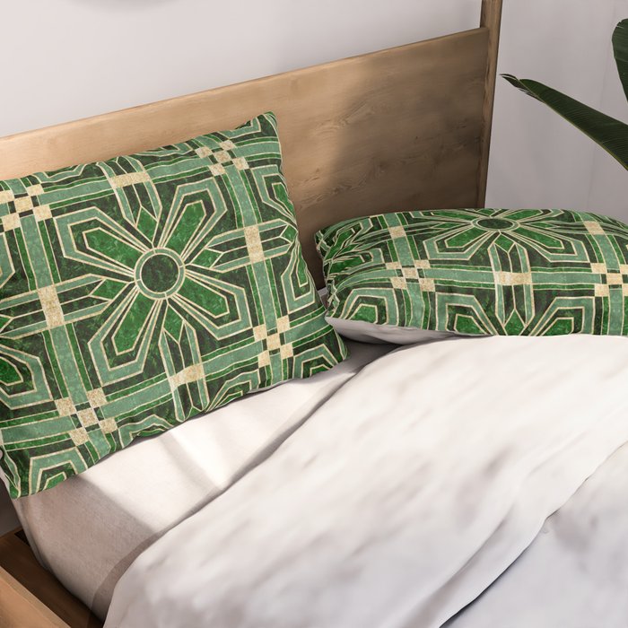 Art Deco Floral Tiles in Emerald Green and Faux Gold Pillow Sham Gallery Image 2
