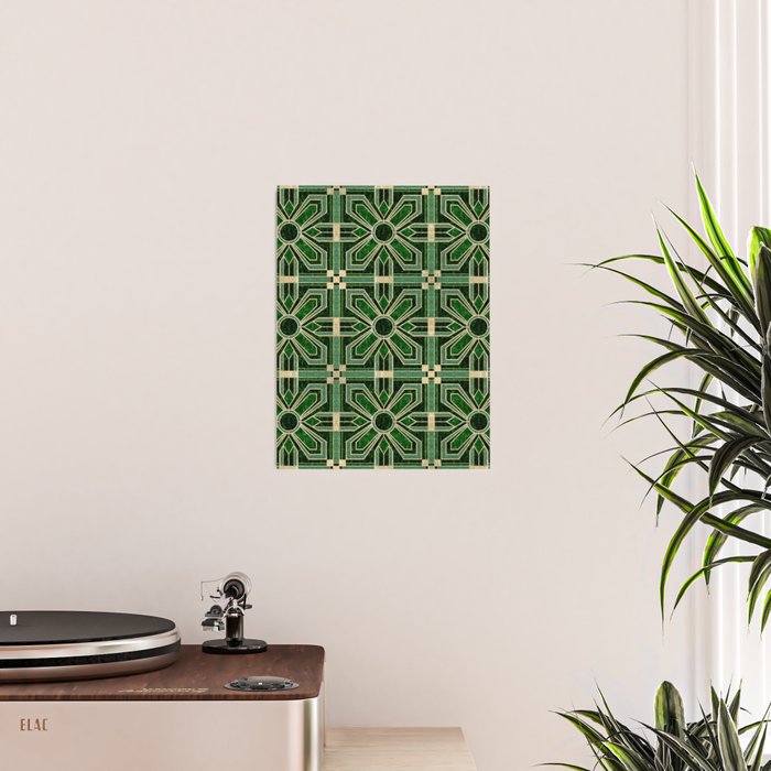 Art Deco Floral Tiles in Emerald Green and Faux Gold Poster Gallery Image 2