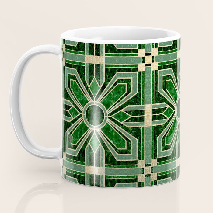 Art Deco Floral Tiles in Emerald Green and Faux Gold Coffee Mug Gallery Image 3