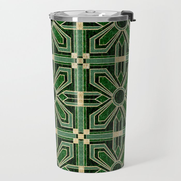 Art Deco Floral Tiles in Emerald Green and Faux Gold Travel Mug Gallery Image 2