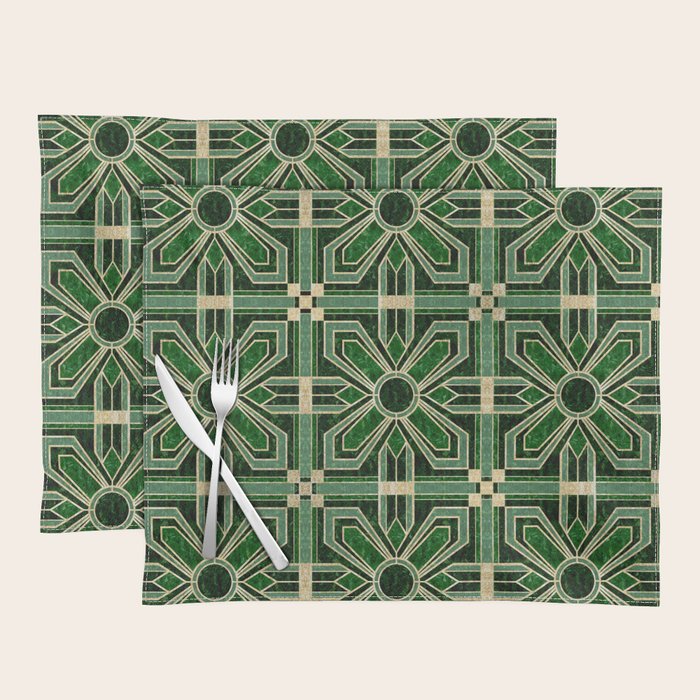 Art Deco Floral Tiles in Emerald Green and Faux Gold Placemat Gallery Image 1