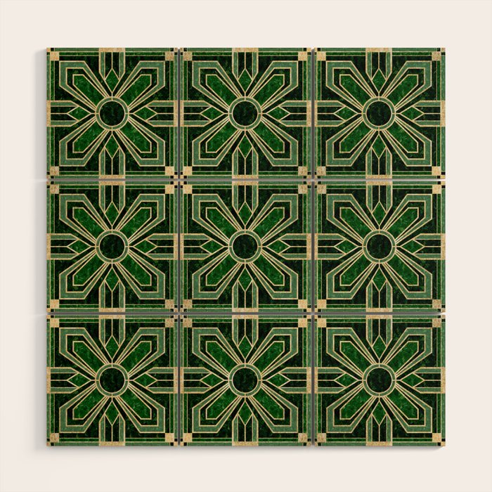 Art Deco Floral Tiles in Emerald Green and Faux Gold Wood Wall Art Gallery Image 1