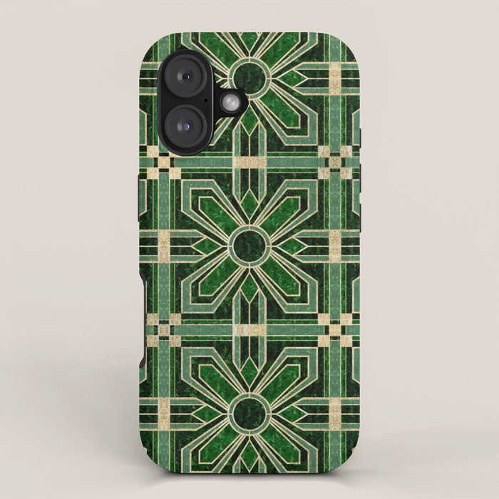 Art Deco Floral Tiles in Emerald Green and Faux Gold iPhone Case