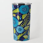 Turquoise Blue, Lime Green, Magenta & Navy Floral Pattern Travel Mug Gallery Image 1