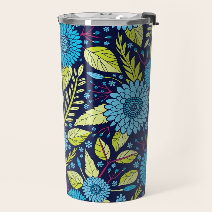 Turquoise Blue, Lime Green, Magenta & Navy Floral Pattern Travel Mug Gallery Image 2