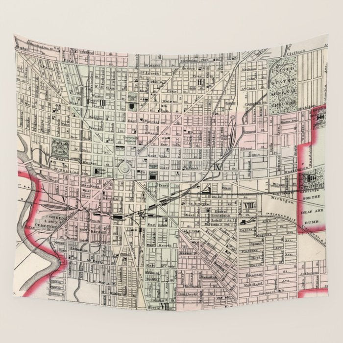 Vintage Map of Indianapolis Indiana (1884) Wall Tapestry Gallery Image 1