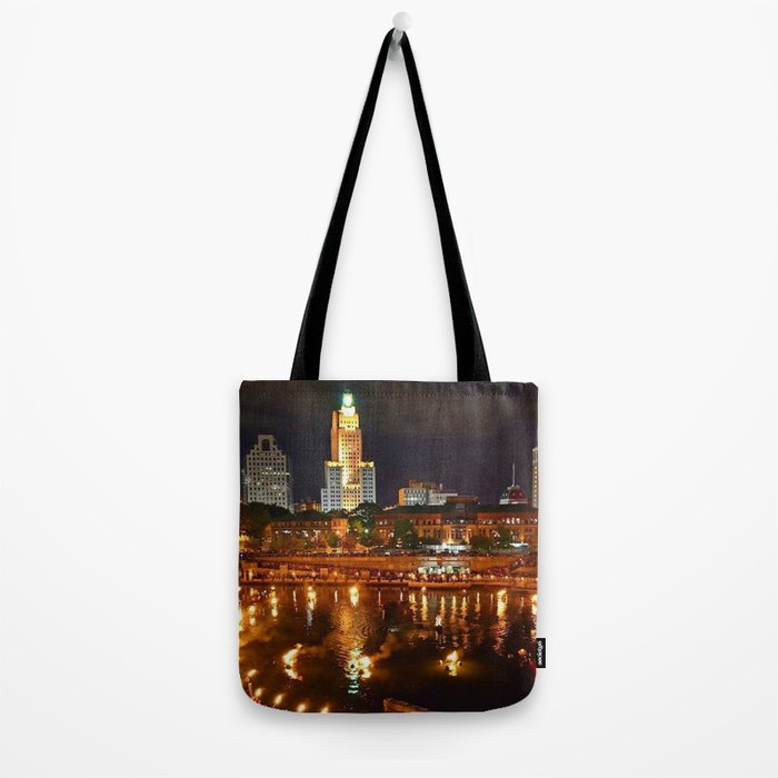 Summer Waterfire at Waterplace Park - Providence, Rhode Island Tote Bag Gallery Image 2