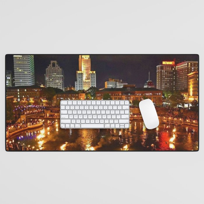 Summer Waterfire at Waterplace Park - Providence, Rhode Island Desk Mat Gallery Image 1