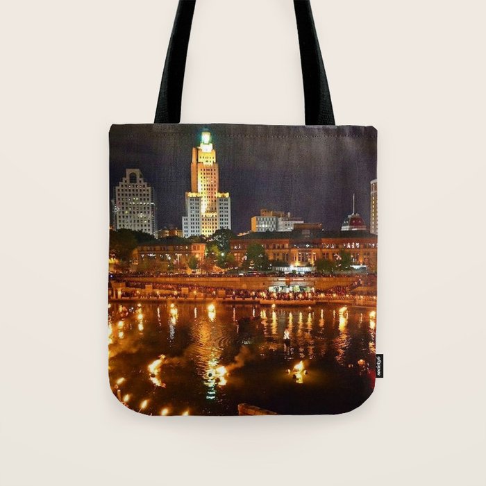 Summer Waterfire at Waterplace Park - Providence, Rhode Island Tote Bag Gallery Image 1