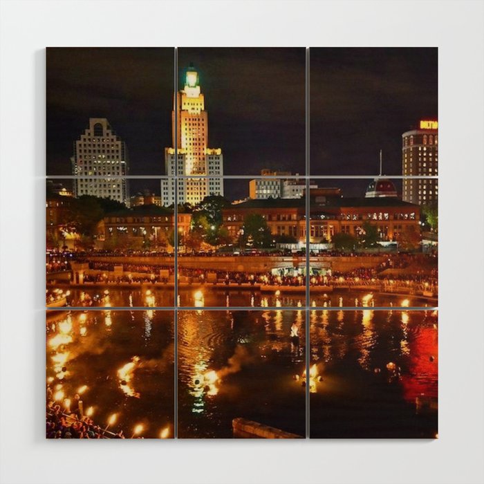 Summer Waterfire at Waterplace Park - Providence, Rhode Island Wood Wall Art Gallery Image 1