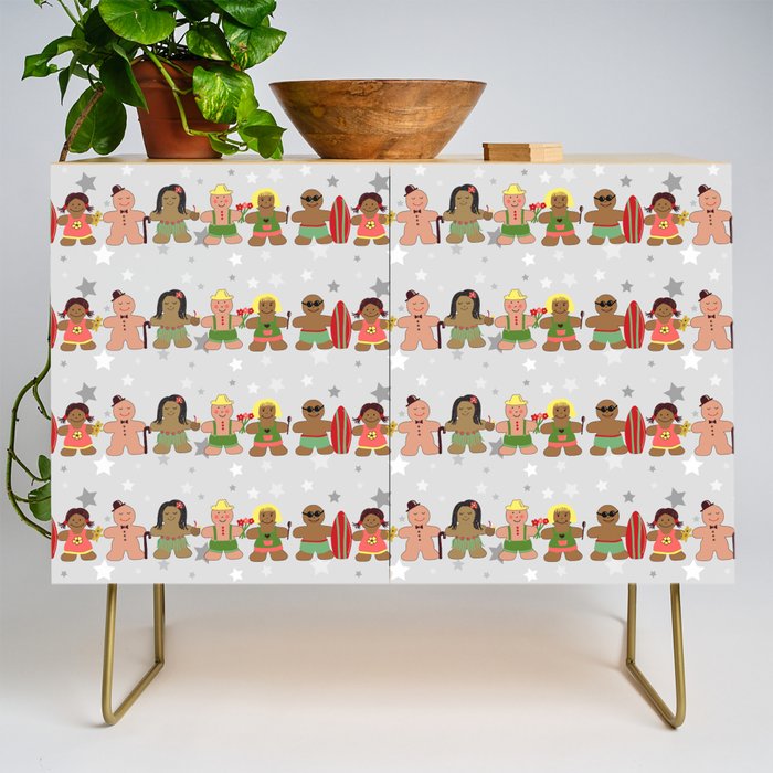 Gingerbread men and women on a gray background with stars. Gingerbread surfer. Gingerbread hula girl. Fun Christmas print. Credenza Gallery Image 1