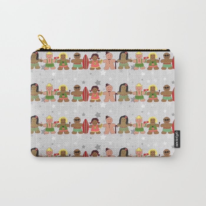 Gingerbread men and women on a gray background with stars. Gingerbread surfer. Gingerbread hula girl. Fun Christmas print. Carry All Pouch Gallery Image 1