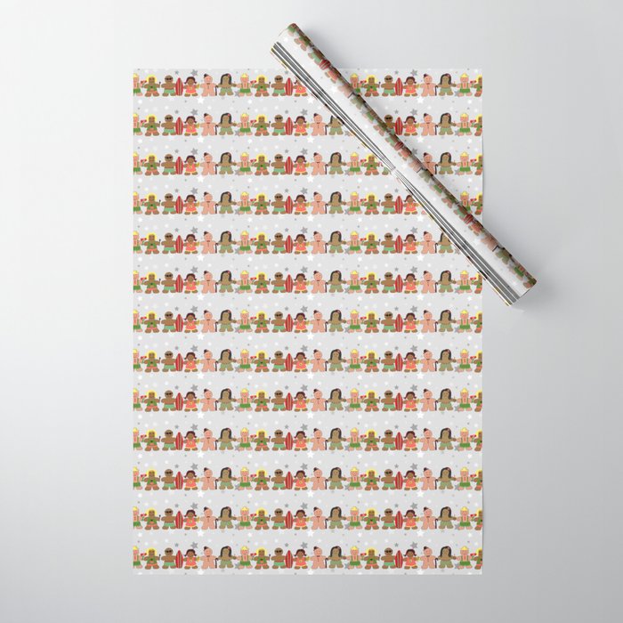 Gingerbread men and women on a gray background with stars. Gingerbread surfer. Gingerbread hula girl. Fun Christmas print. Wrapping Paper Gallery Image 1