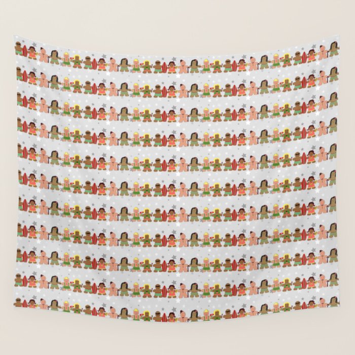 Gingerbread men and women on a gray background with stars. Gingerbread surfer. Gingerbread hula girl. Fun Christmas print. Wall Tapestry Gallery Image 1