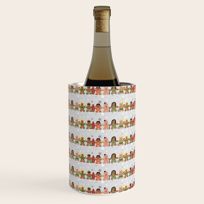 Gingerbread men and women on a gray background with stars. Gingerbread surfer. Gingerbread hula girl. Fun Christmas print. Wine Chiller Gallery Image 1