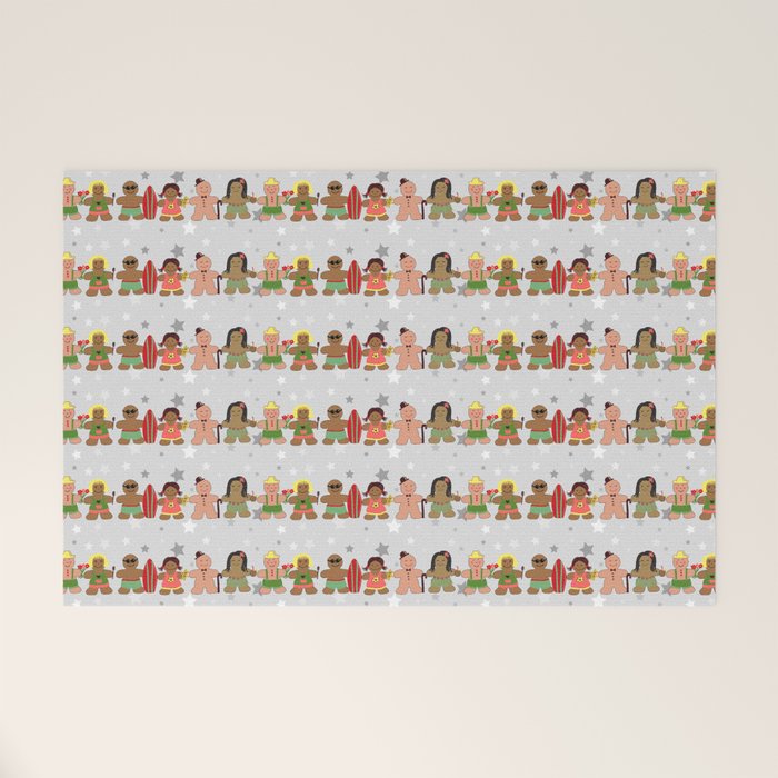 Gingerbread men and women on a gray background with stars. Gingerbread surfer. Gingerbread hula girl. Fun Christmas print. Welcome Mat Gallery Image 1