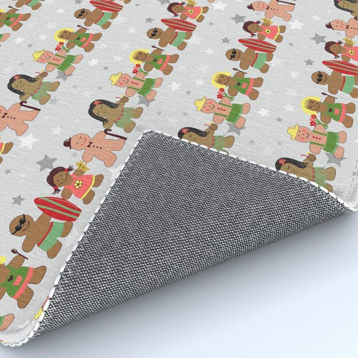Gingerbread men and women on a gray background with stars. Gingerbread surfer. Gingerbread hula girl. Fun Christmas print. Rug Gallery Image 4
