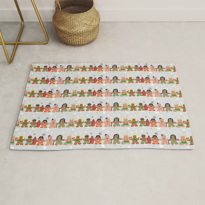 Gingerbread men and women on a gray background with stars. Gingerbread surfer. Gingerbread hula girl. Fun Christmas print. Rug Gallery Image 1