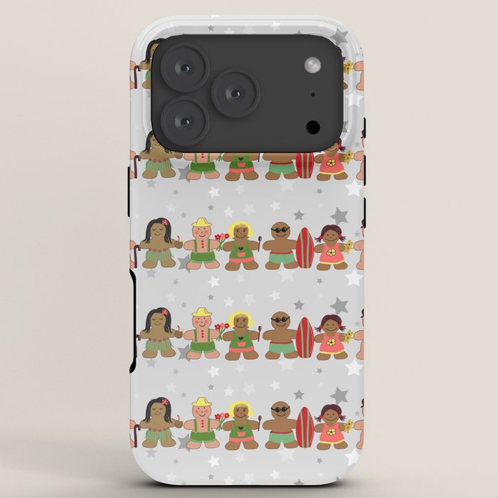 Gingerbread men and women on a gray background with stars. Gingerbread surfer. Gingerbread hula girl. Fun Christmas print. iPhone Case Gallery Image 7
