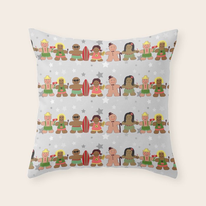 Gingerbread men and women on a gray background with stars. Gingerbread surfer. Gingerbread hula girl. Fun Christmas print. Throw Pillow Gallery Image 6