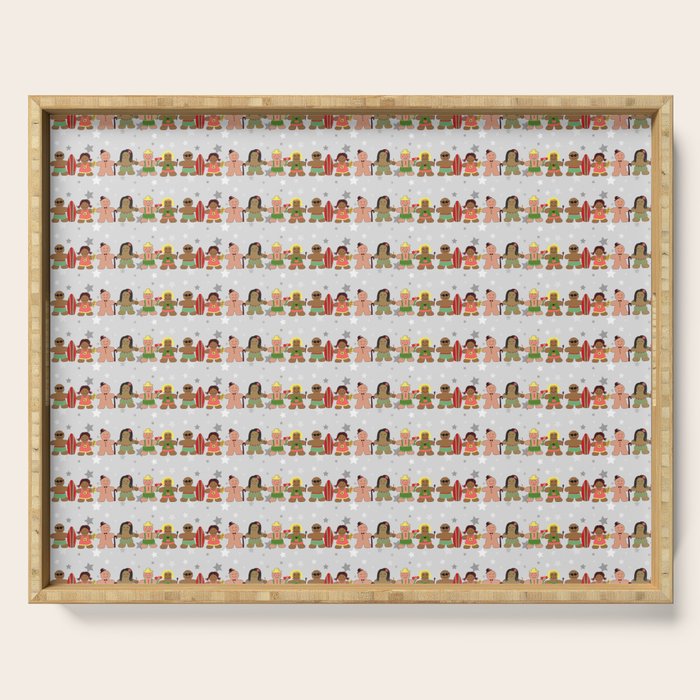 Gingerbread men and women on a gray background with stars. Gingerbread surfer. Gingerbread hula girl. Fun Christmas print. Serving Tray Gallery Image 1