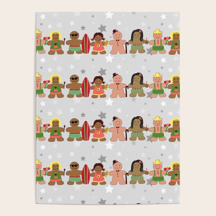 Gingerbread men and women on a gray background with stars. Gingerbread surfer. Gingerbread hula girl. Fun Christmas print. Poster Gallery Image 4