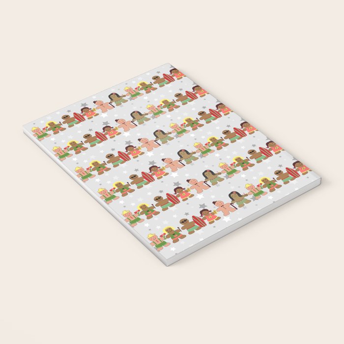 Gingerbread men and women on a gray background with stars. Gingerbread surfer. Gingerbread hula girl. Fun Christmas print. Notebook Gallery Image 3