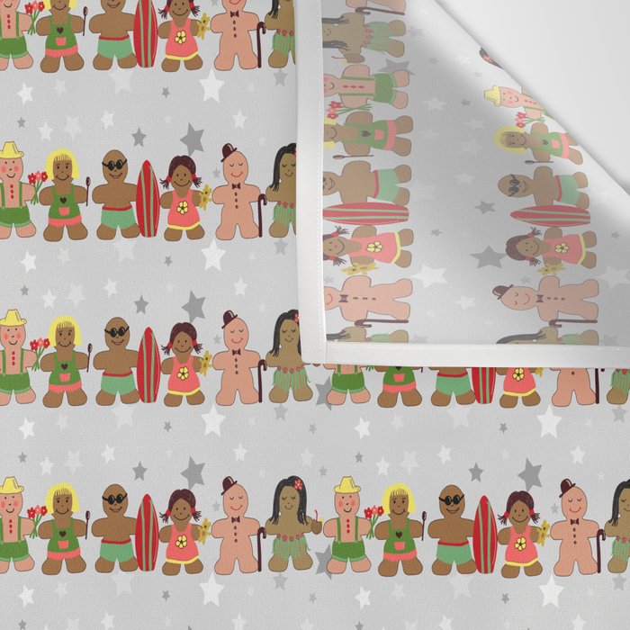 Gingerbread men and women on a gray background with stars. Gingerbread surfer. Gingerbread hula girl. Fun Christmas print. Wall Tapestry Gallery Image 3