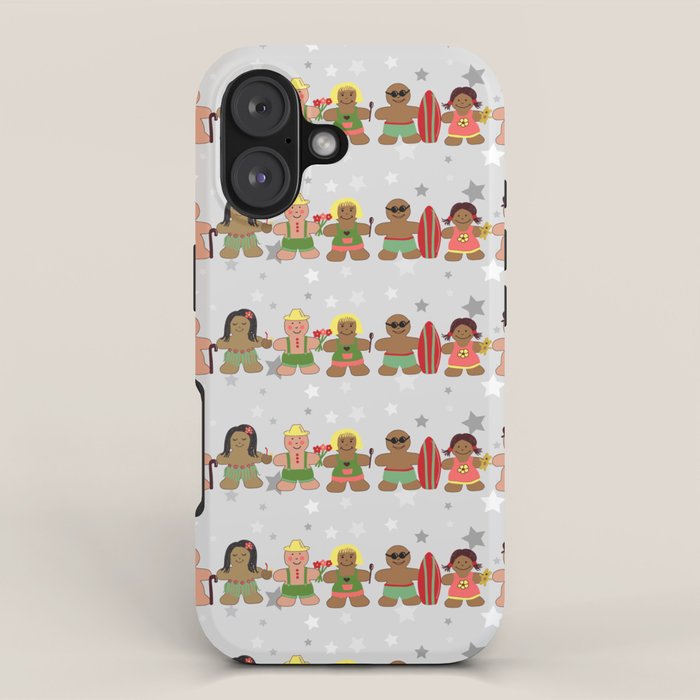 Gingerbread men and women on a gray background with stars. Gingerbread surfer. Gingerbread hula girl. Fun Christmas print. iPhone Case Gallery Image 1