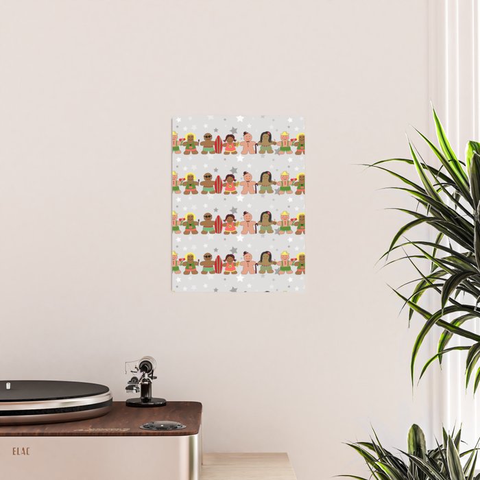 Gingerbread men and women on a gray background with stars. Gingerbread surfer. Gingerbread hula girl. Fun Christmas print. Poster Gallery Image 2