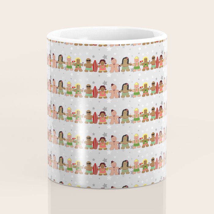 Gingerbread men and women on a gray background with stars. Gingerbread surfer. Gingerbread hula girl. Fun Christmas print. Coffee Mug Gallery Image 4