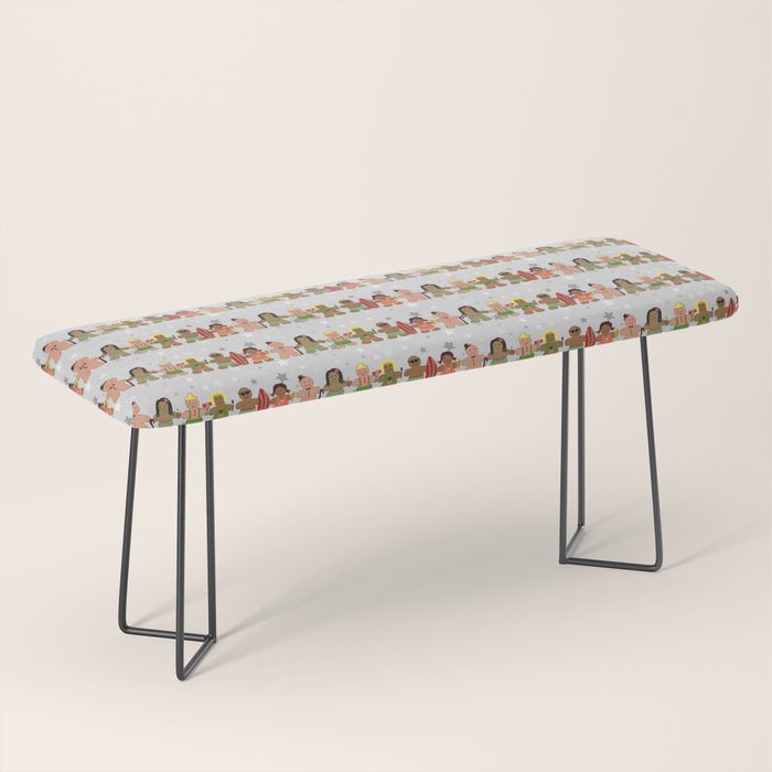 Gingerbread men and women on a gray background with stars. Gingerbread surfer. Gingerbread hula girl. Fun Christmas print. Bench Gallery Image 1
