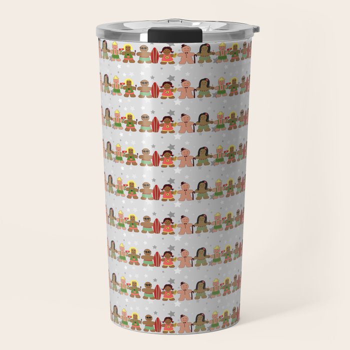 Gingerbread men and women on a gray background with stars. Gingerbread surfer. Gingerbread hula girl. Fun Christmas print. Travel Mug Gallery Image 1