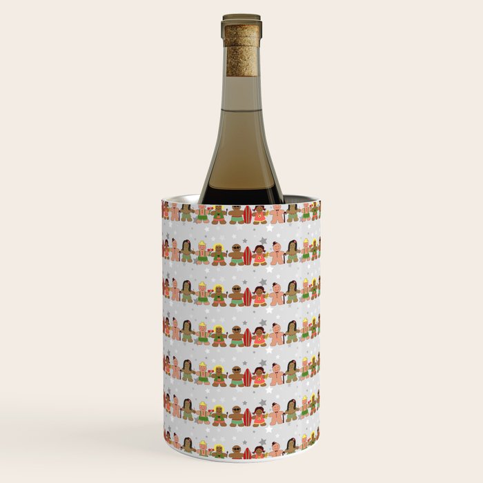 Gingerbread men and women on a gray background with stars. Gingerbread surfer. Gingerbread hula girl. Fun Christmas print. Wine Chiller Gallery Image 2