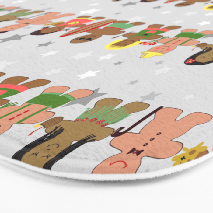 Gingerbread men and women on a gray background with stars. Gingerbread surfer. Gingerbread hula girl. Fun Christmas print. Bath Mat Gallery Image 3
