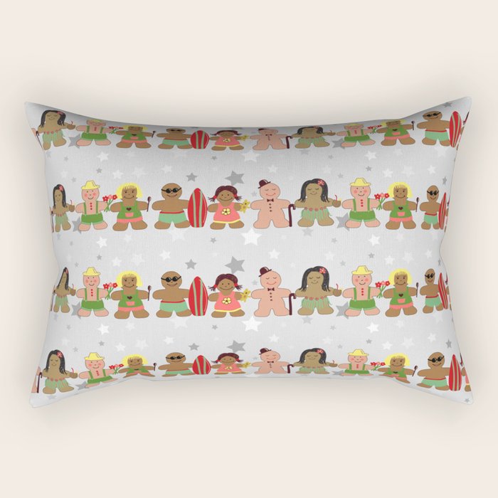 Gingerbread men and women on a gray background with stars. Gingerbread surfer. Gingerbread hula girl. Fun Christmas print. Rectangular Pillow Gallery Image 1