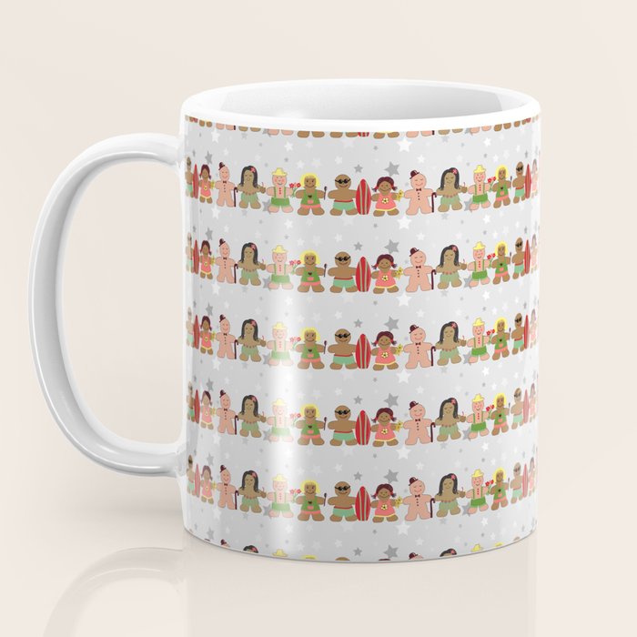 Gingerbread men and women on a gray background with stars. Gingerbread surfer. Gingerbread hula girl. Fun Christmas print. Coffee Mug Gallery Image 3