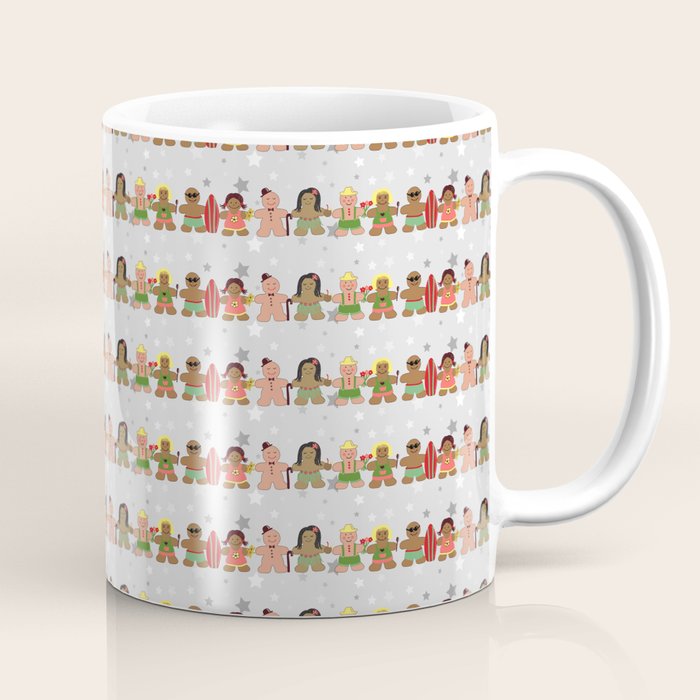Gingerbread men and women on a gray background with stars. Gingerbread surfer. Gingerbread hula girl. Fun Christmas print. Coffee Mug Gallery Image 1