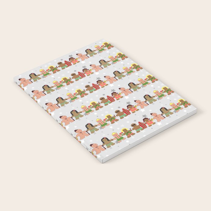 Gingerbread men and women on a gray background with stars. Gingerbread surfer. Gingerbread hula girl. Fun Christmas print. Notebook Gallery Image 1